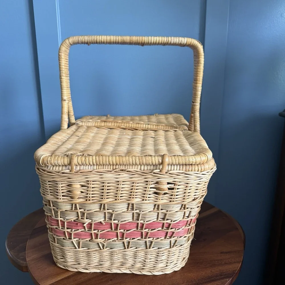 Vintage Wicker Picnic Market Basket Double Lid Terracotta Sage Large